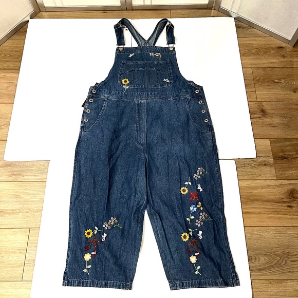 Vintage AGAPO Embroidered Denim Crop Overalls - Size L - Picture 4 of 8